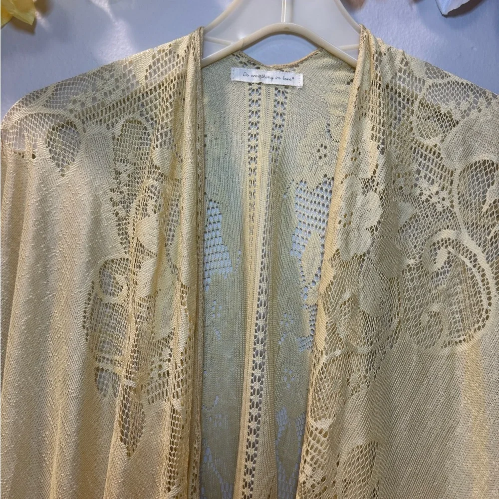 Light Yellow Lace Fringe Long-Sleeve Kimono Dress - Picture 2 of 12